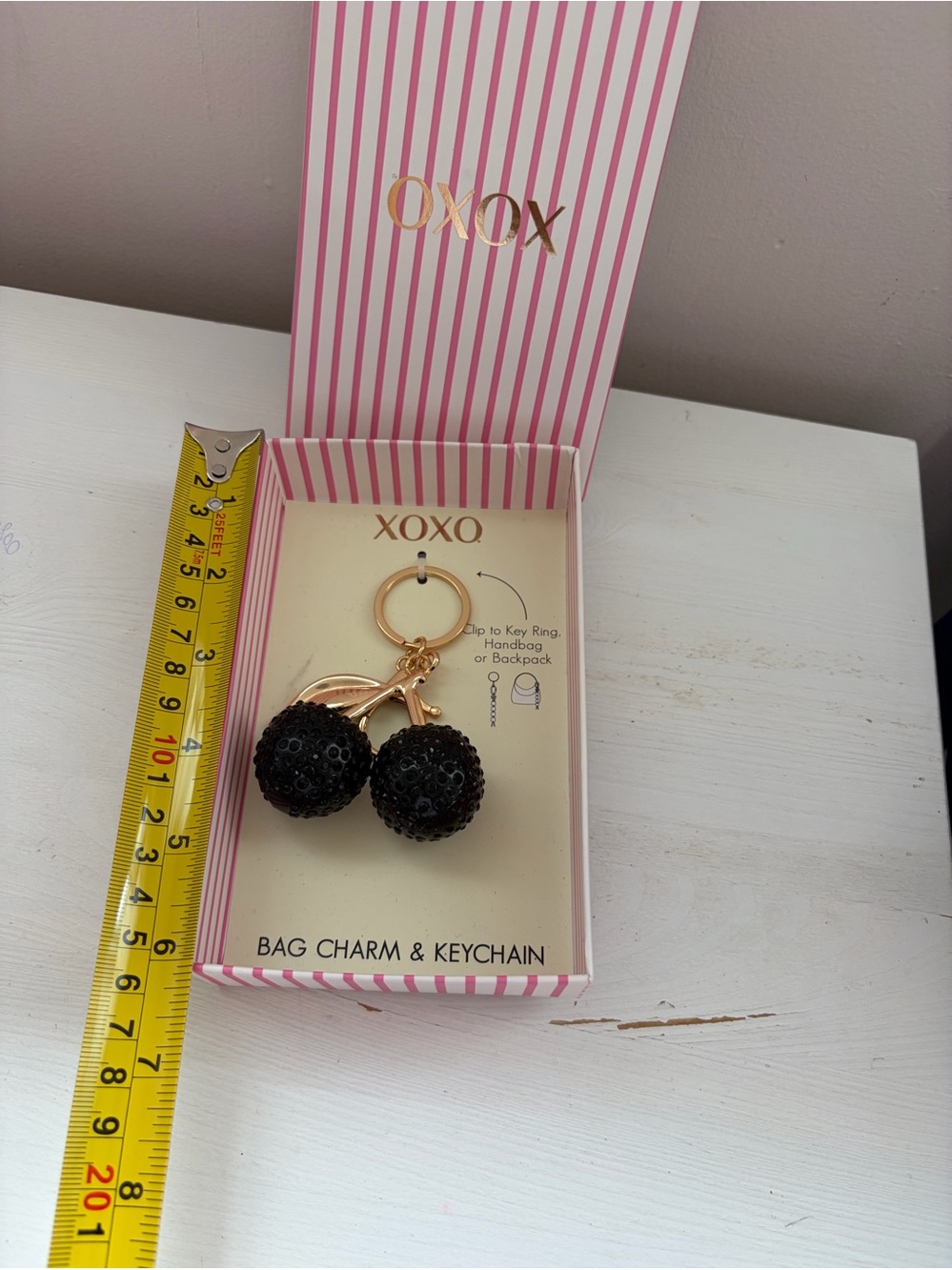 XOXO Black Sequin Cherry Bag Charm Keychain with Gold Hardware